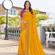 Orange chiffon floral embroidered saree 