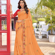 Peach chiffon floral embroidered saree