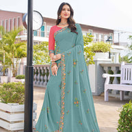 Blue chiffon floral embroidered saree