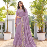 Purple chiffon floral embroidered saree 