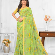 Green silk  floral printed saree 