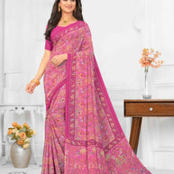 Pink silk floral printed saree