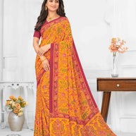 Orange silk floral printed saree