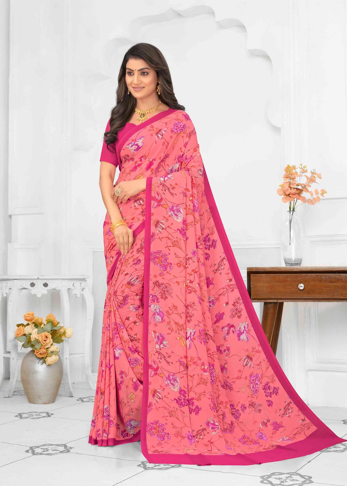 Pink silk floral printed saree