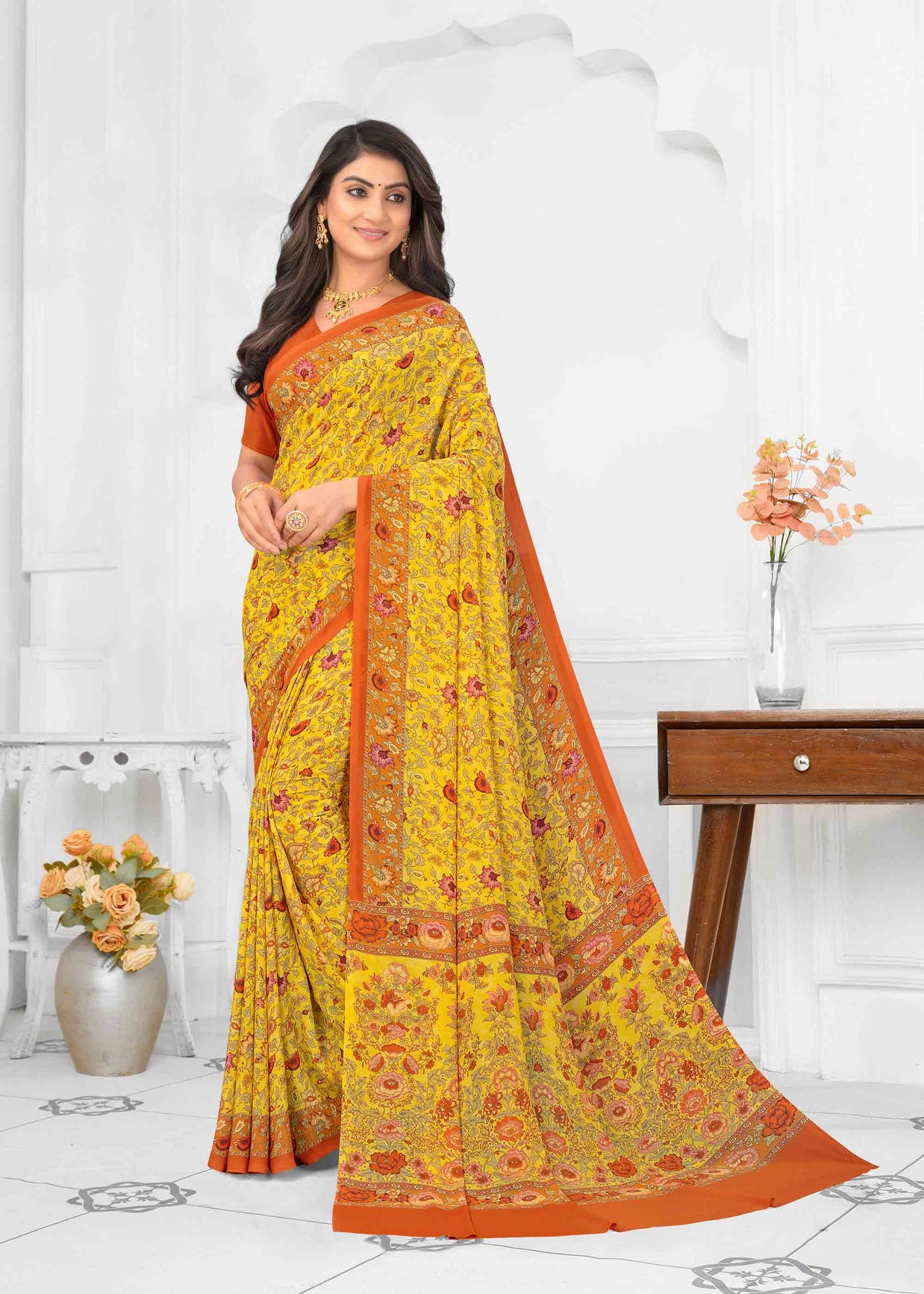 Mustard silk blend floral printed saree