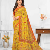 Mustard silk blend floral printed saree