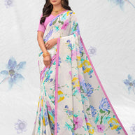 White georgette floral printed saree