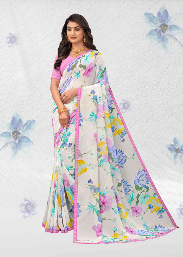 White georgette floral printed saree