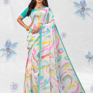 White georgette abstract printed saree