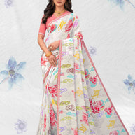 White georgette floral print saree