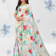 White georgette floral printed saree