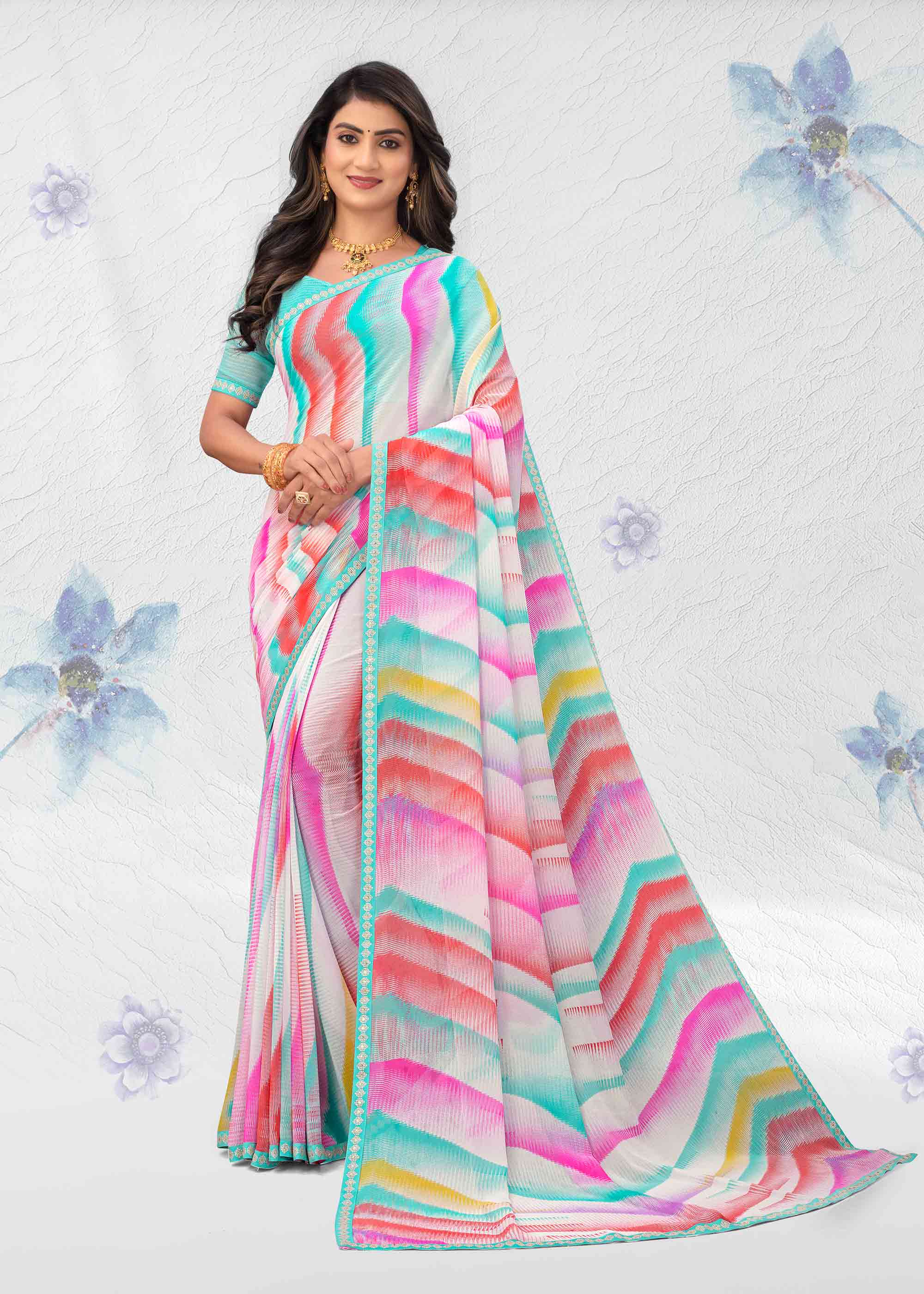 White georgette geometric printed saree 