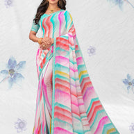 White georgette geometric printed saree 
