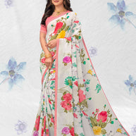 White georgette floral print saree