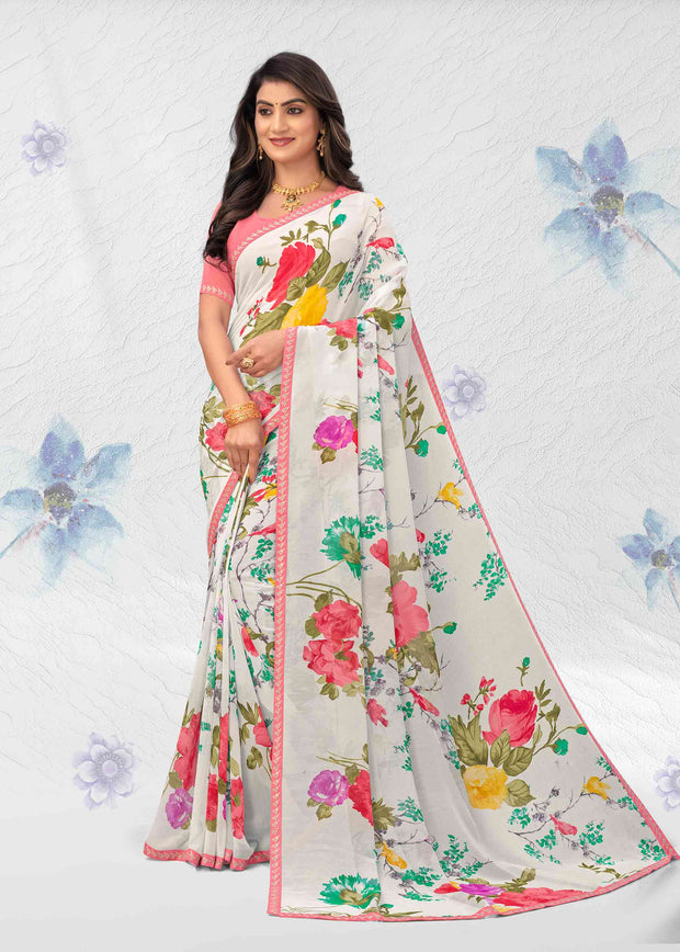 White georgette floral print saree