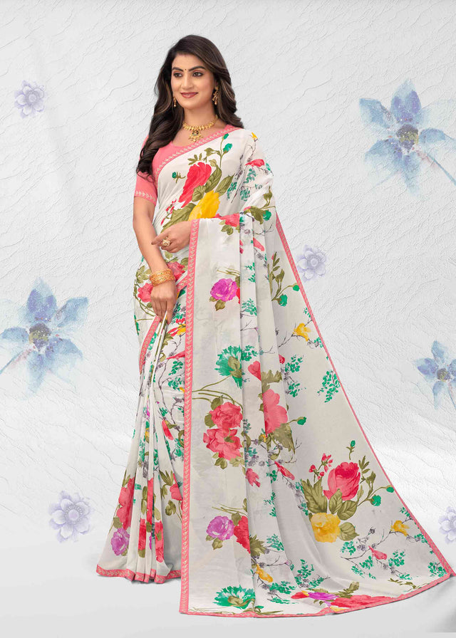 White georgette floral print saree