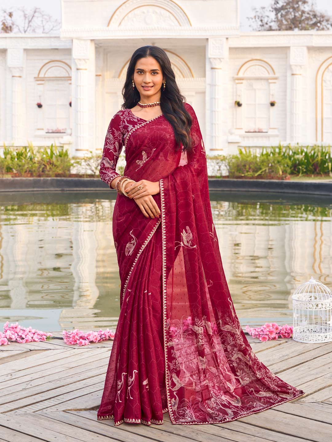 Maroon chiffon floral printed saree