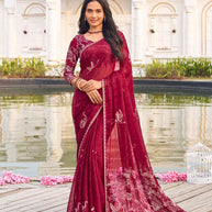 Maroon chiffon floral printed saree