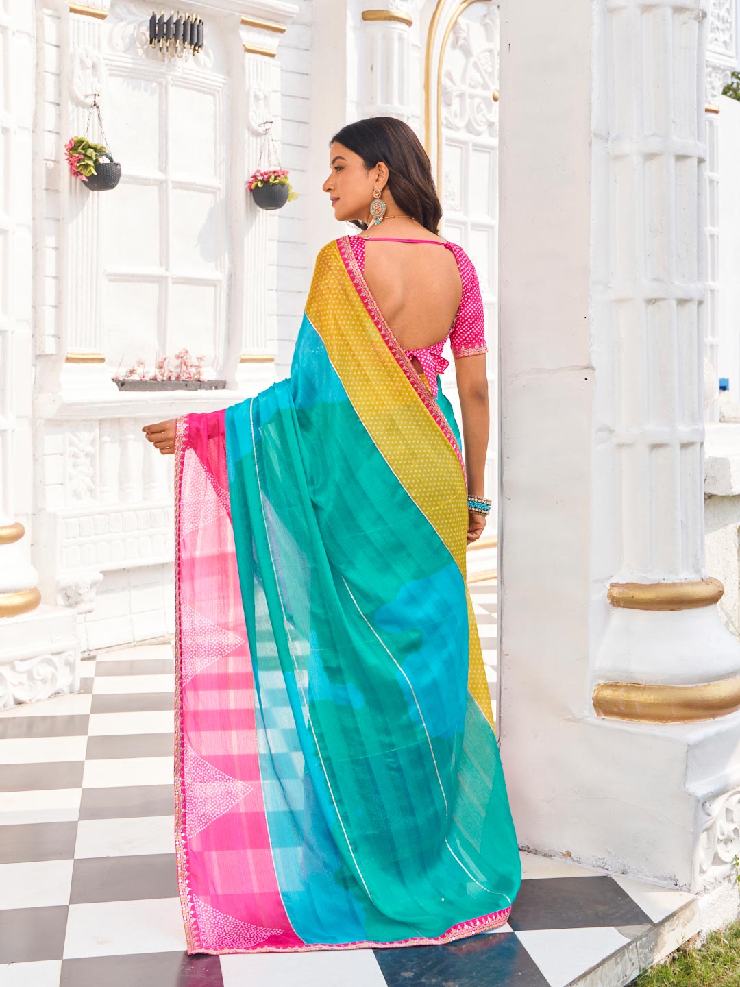 Laxmipati Ghazal Teal Green Chiffon Bandhani Printed Saree