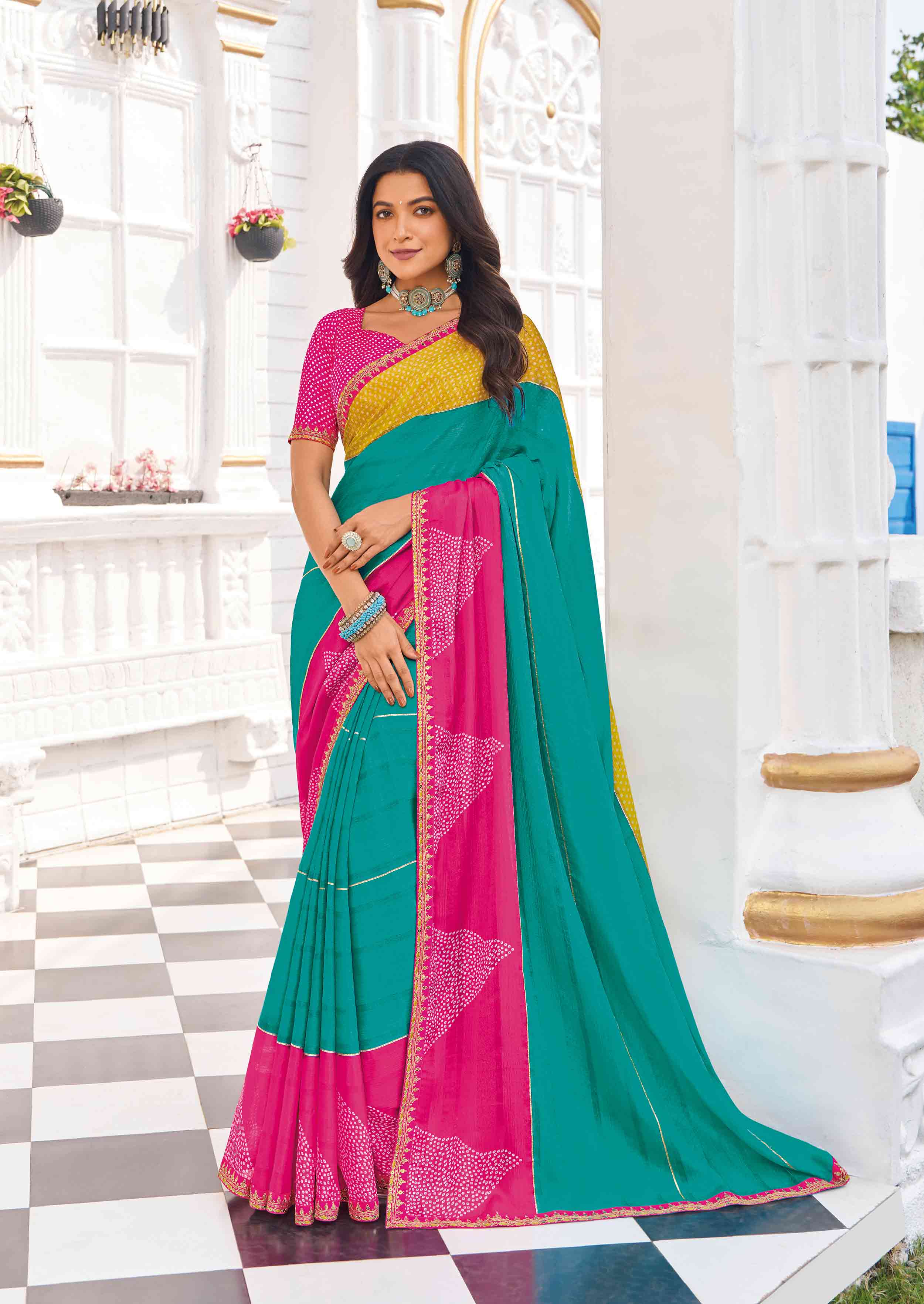 green bandhani chiffon saree
