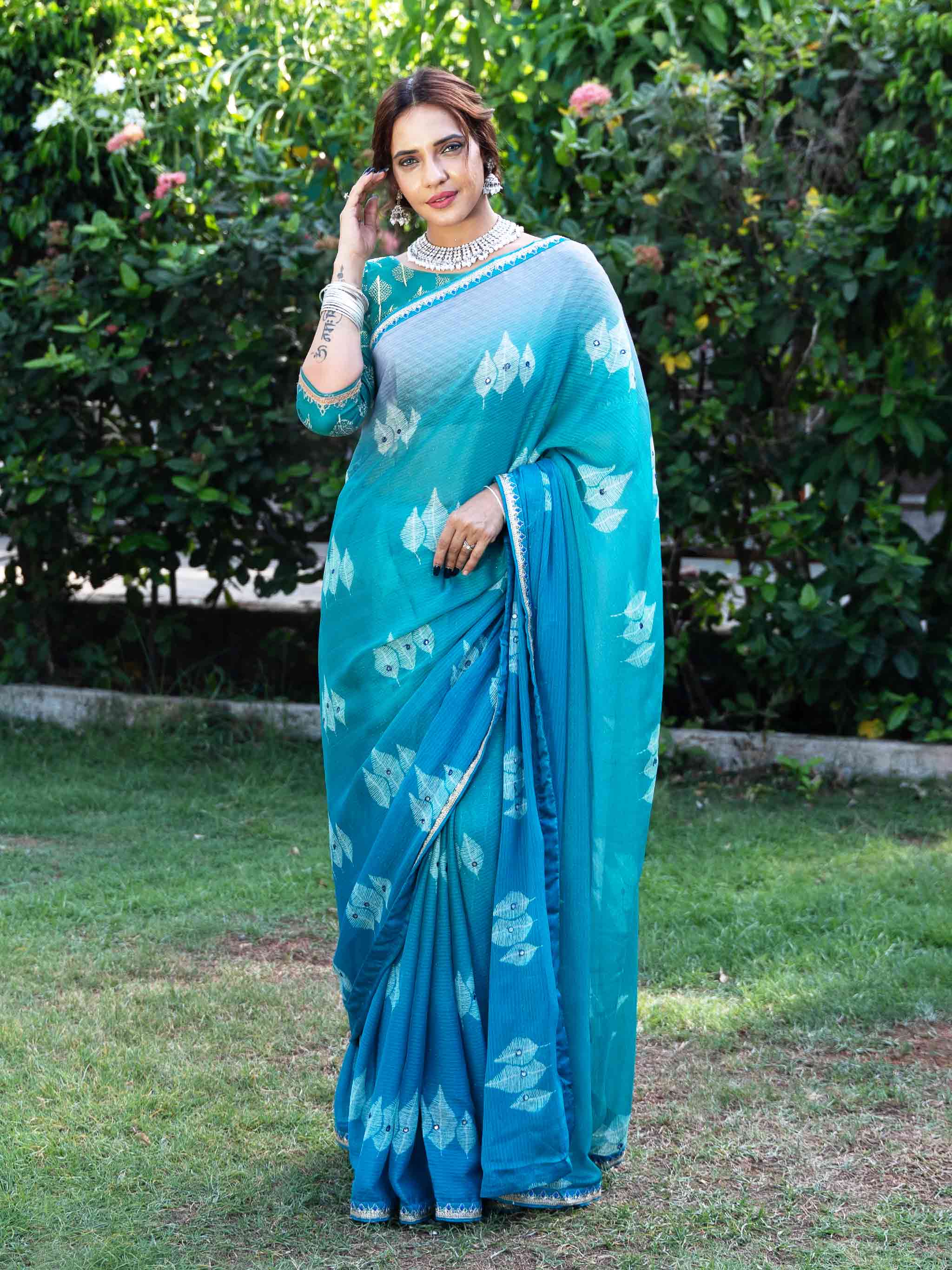 Blue embroidered silk blend saree party wear