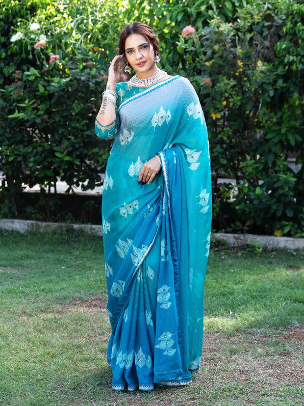 Blue embroidered silk blend saree party wear