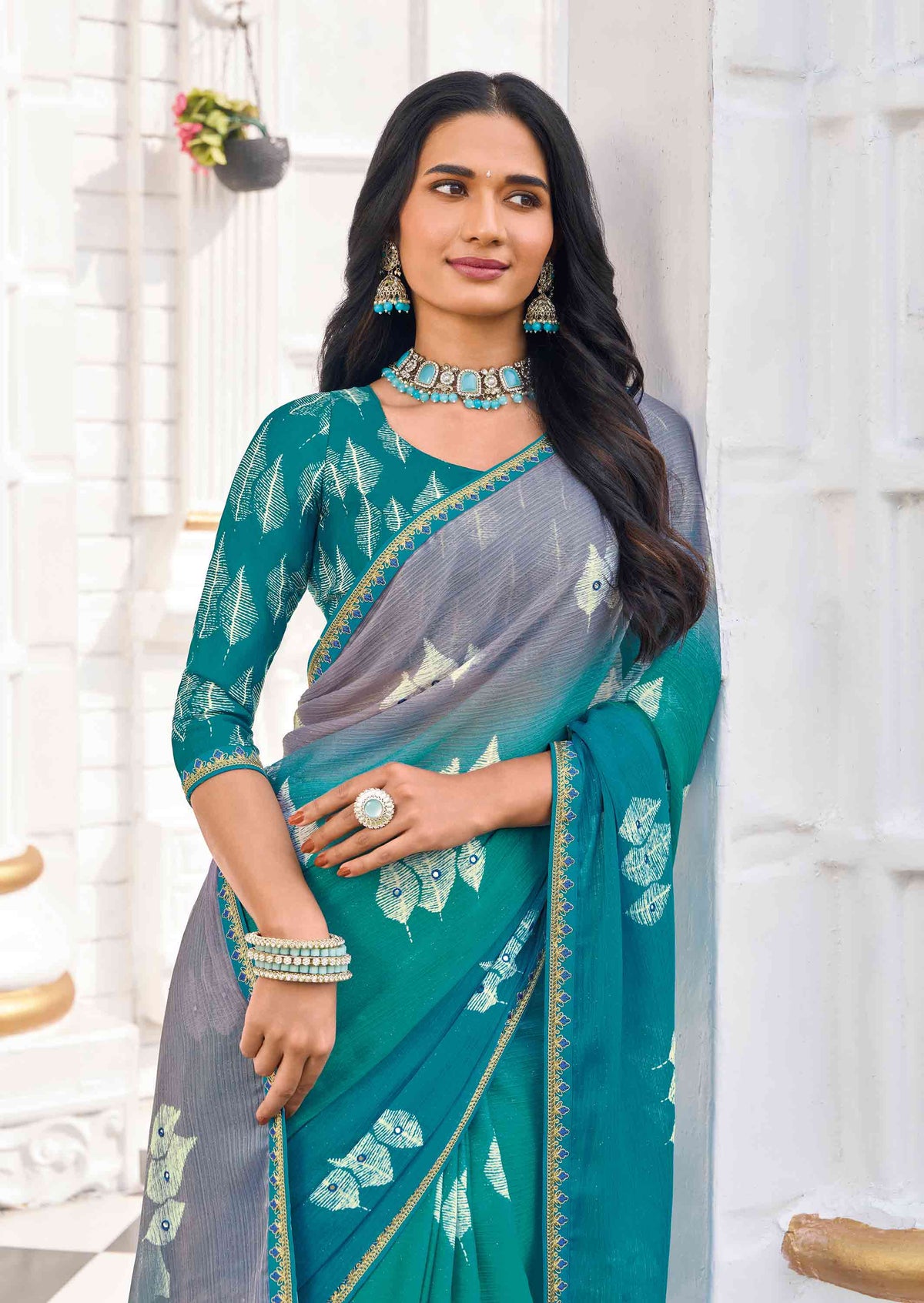 Laxmipati Ghazal Blue Silk Blend Floral Printed Saree