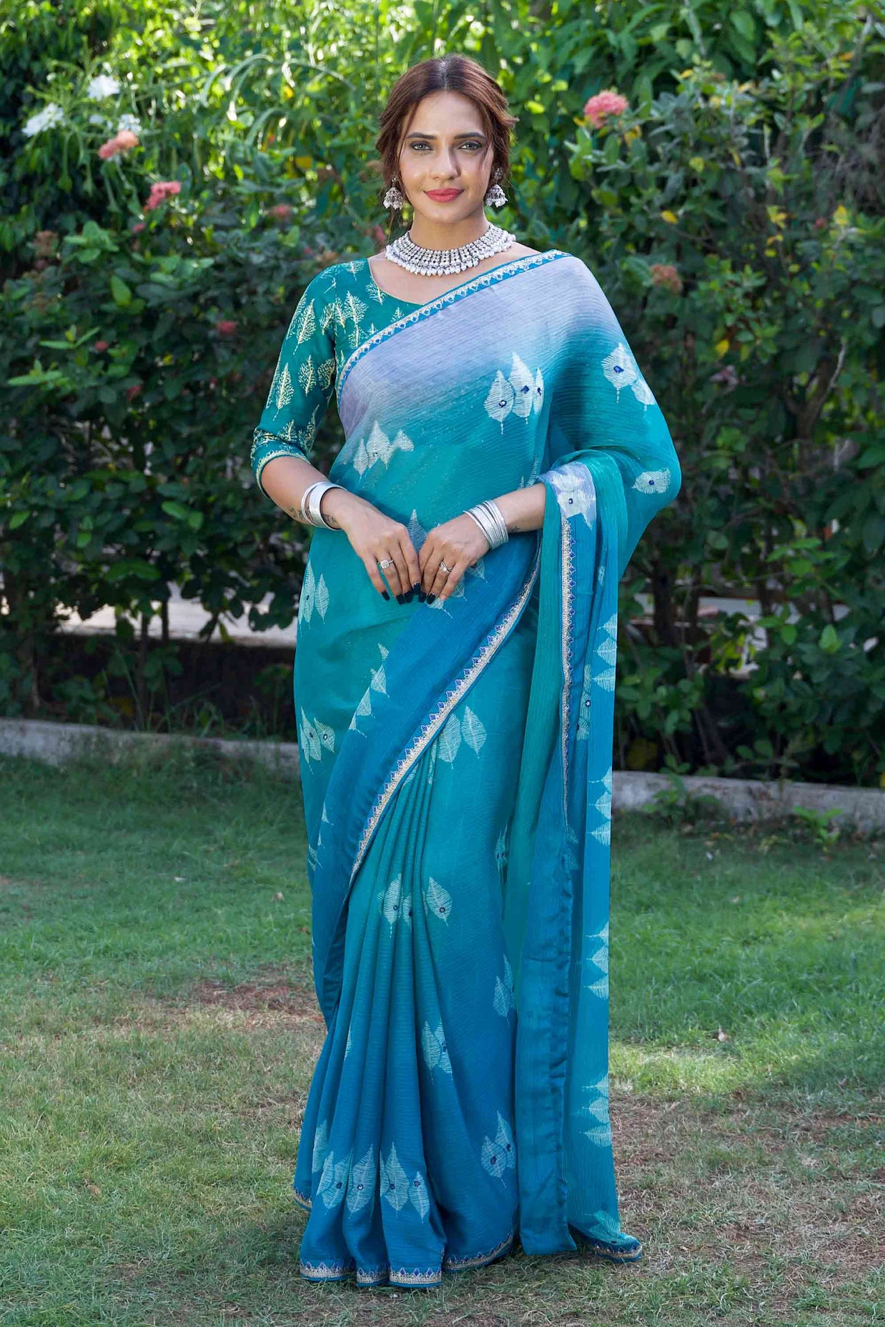 Blue ombré printed silk blend saree festive wear