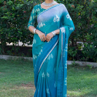 Blue ombré printed silk blend saree festive wear