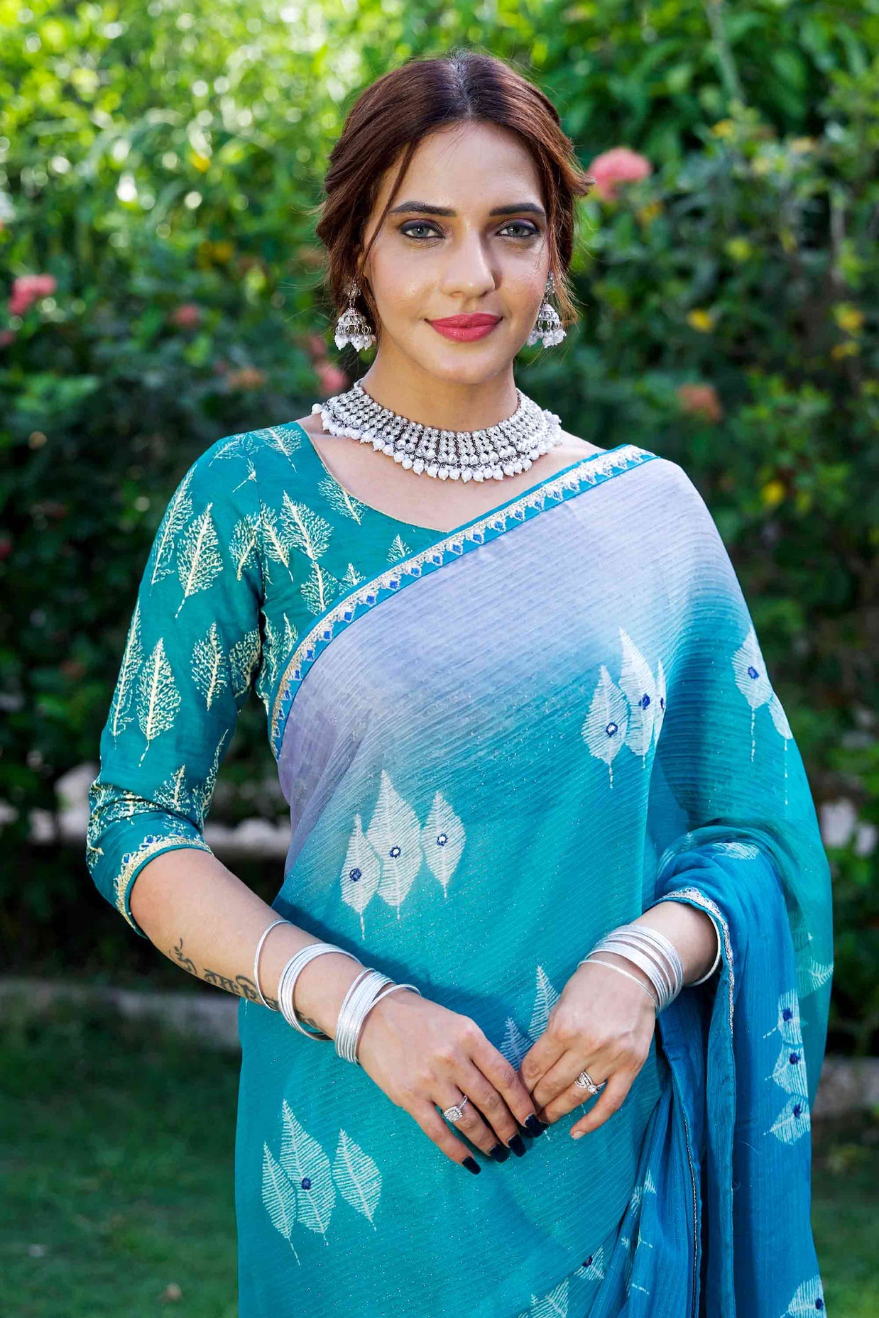 Blue sequin embroidered silk blend saree party wear 