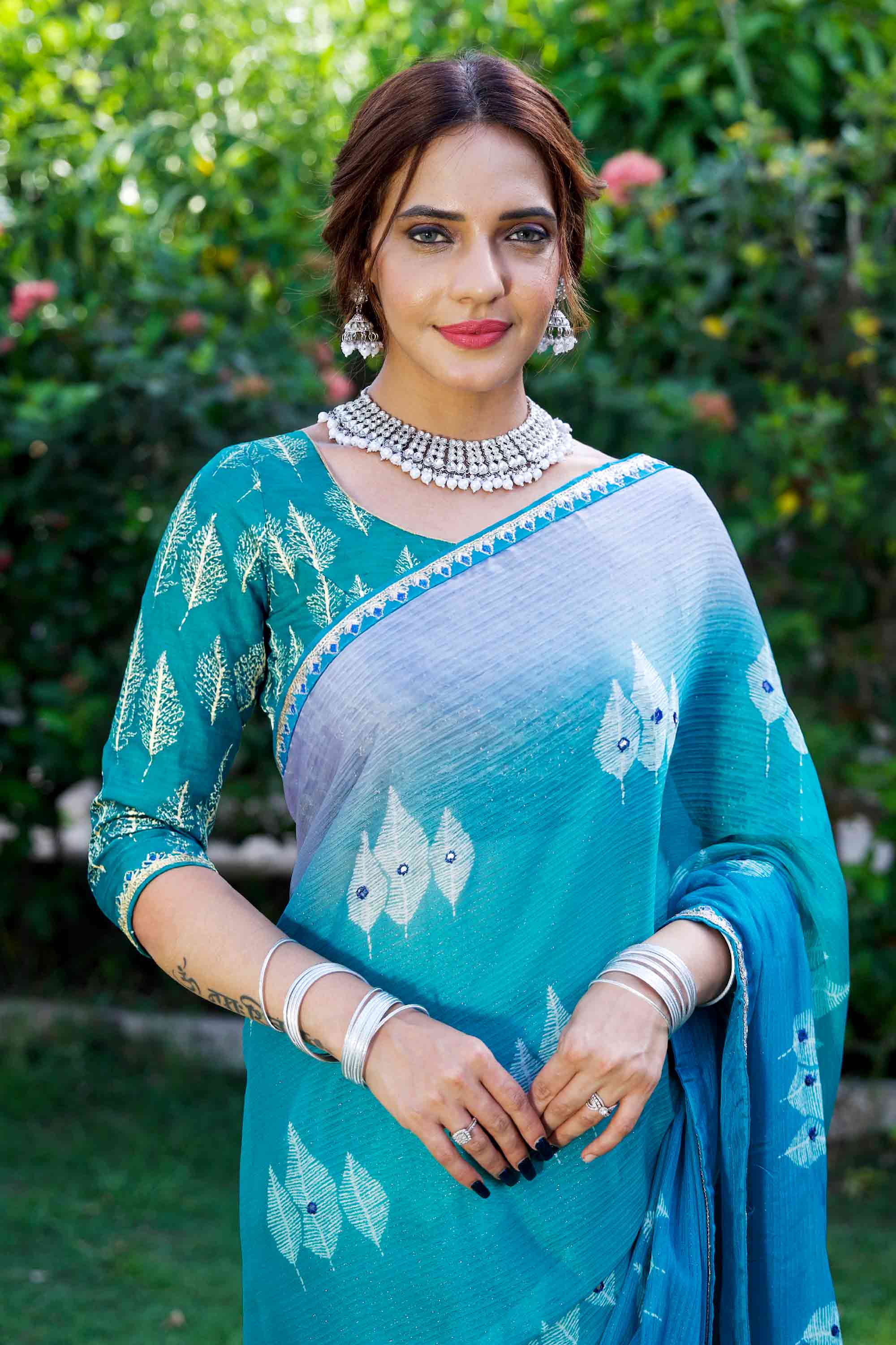 Blue sequin embroidered silk blend saree party wear 