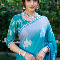 Blue sequin embroidered silk blend saree party wear 
