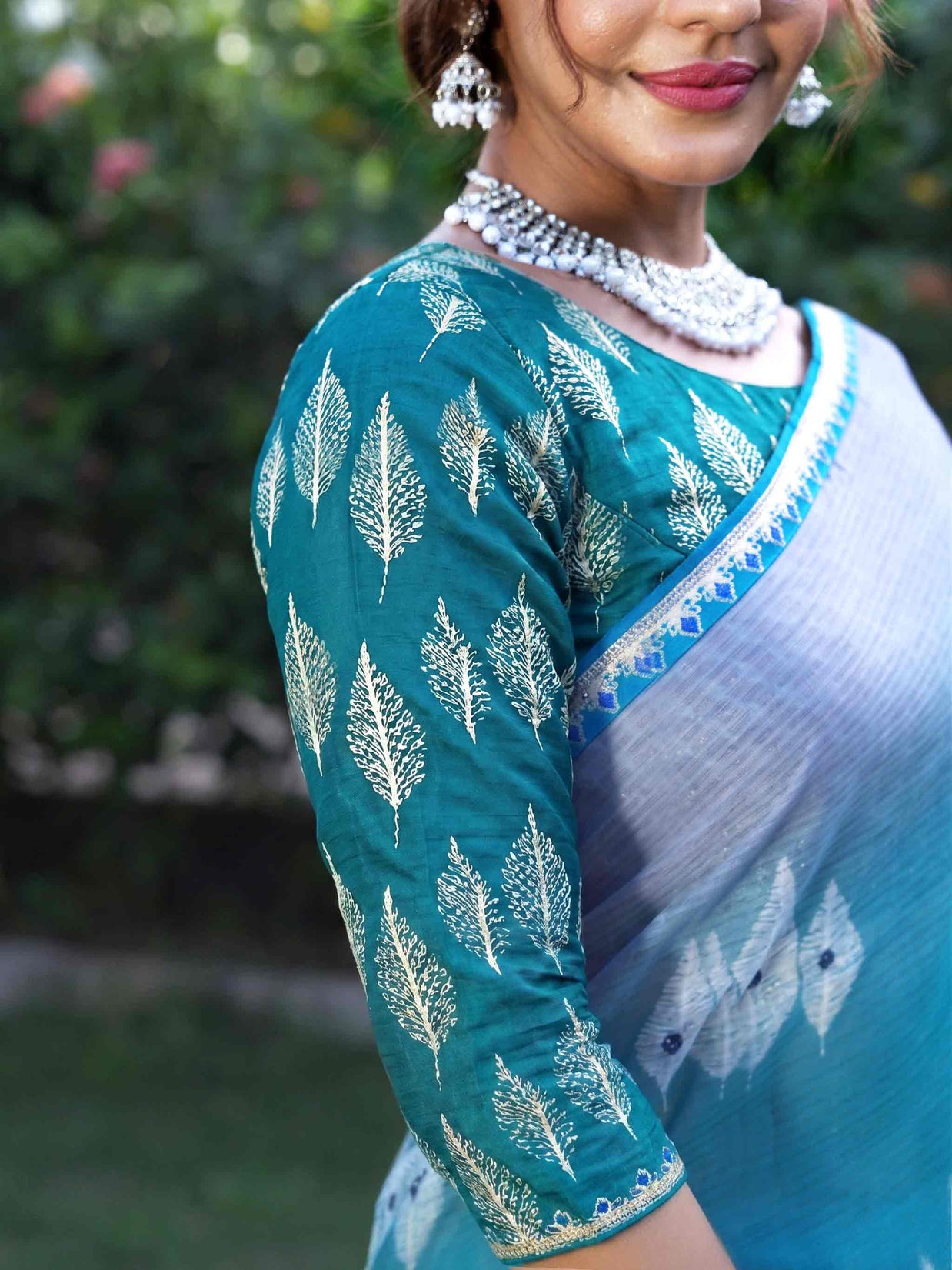 Blue gradient printed silk blend saree festive wear 