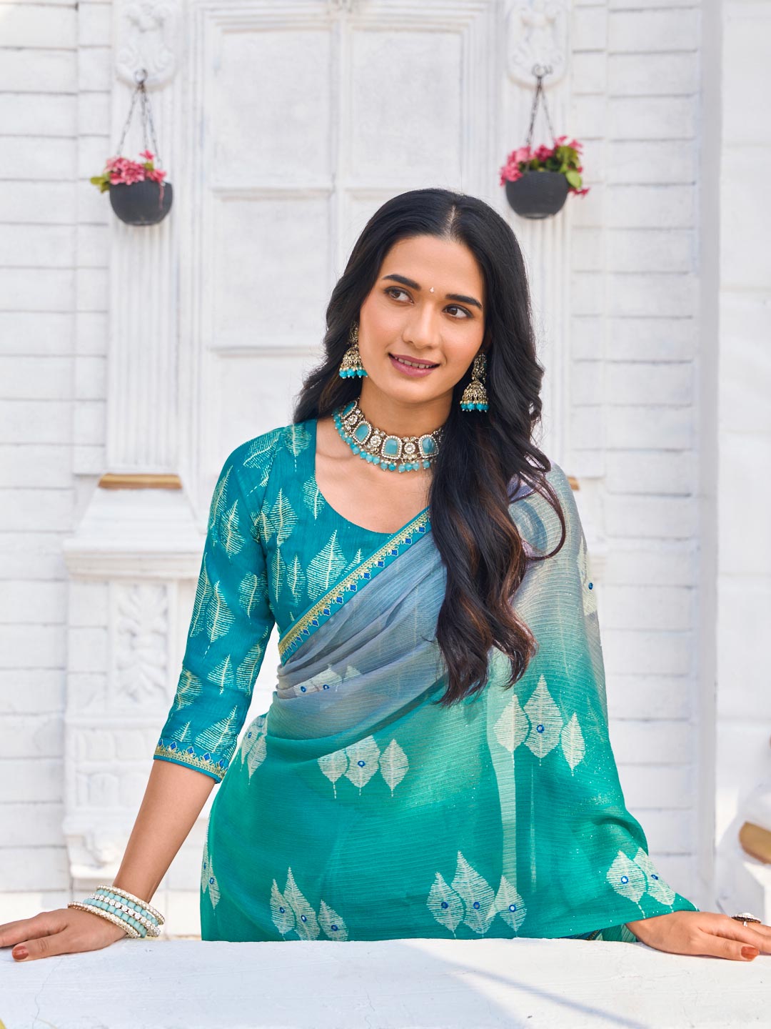 Laxmipati Ghazal Blue Silk Blend Floral Printed Saree