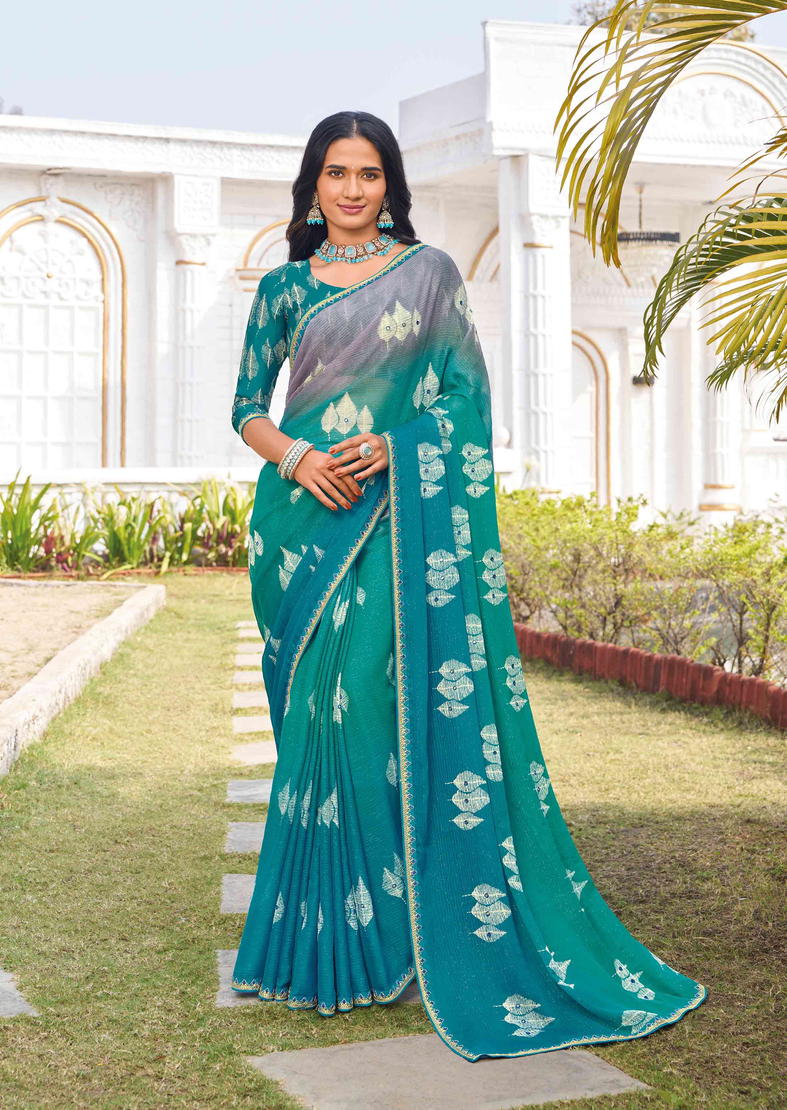 Blue silk blend floral printed saree