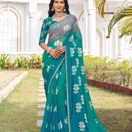 Blue silk blend floral printed saree