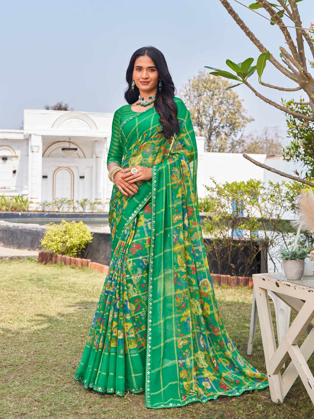 Green chiffon floral printed saree 