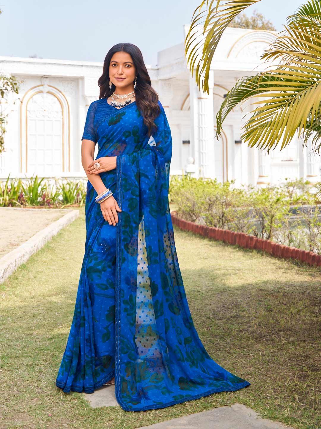 Blue georgette floral printed saree