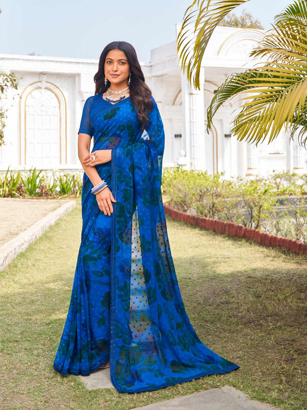 Blue georgette floral printed saree