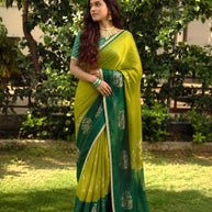 Green floral printed silk blend saree festive wear