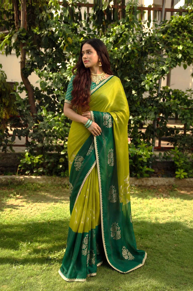 Green floral printed silk blend saree festive wear
