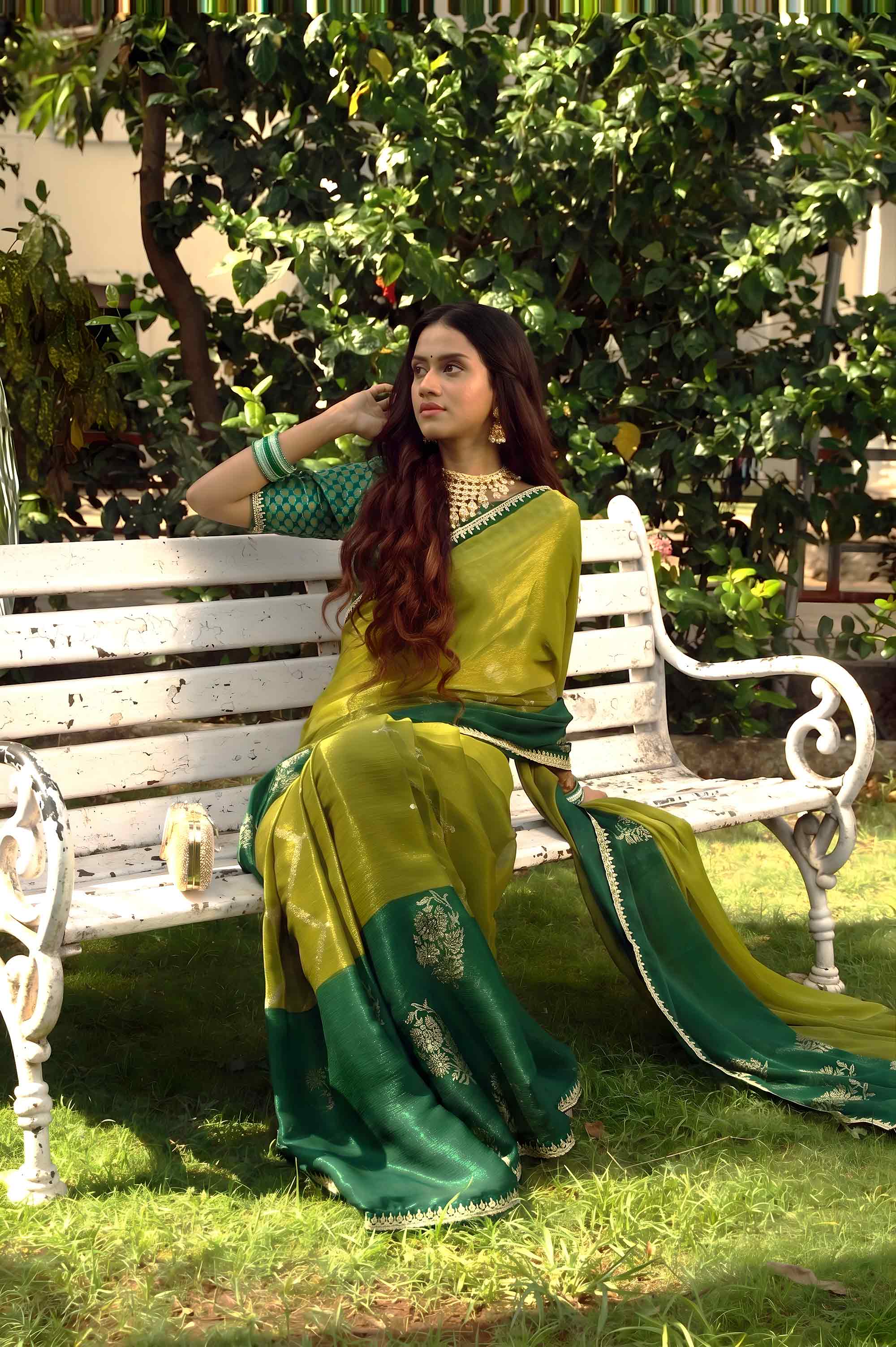 Green embroidered silk blend saree party wear 