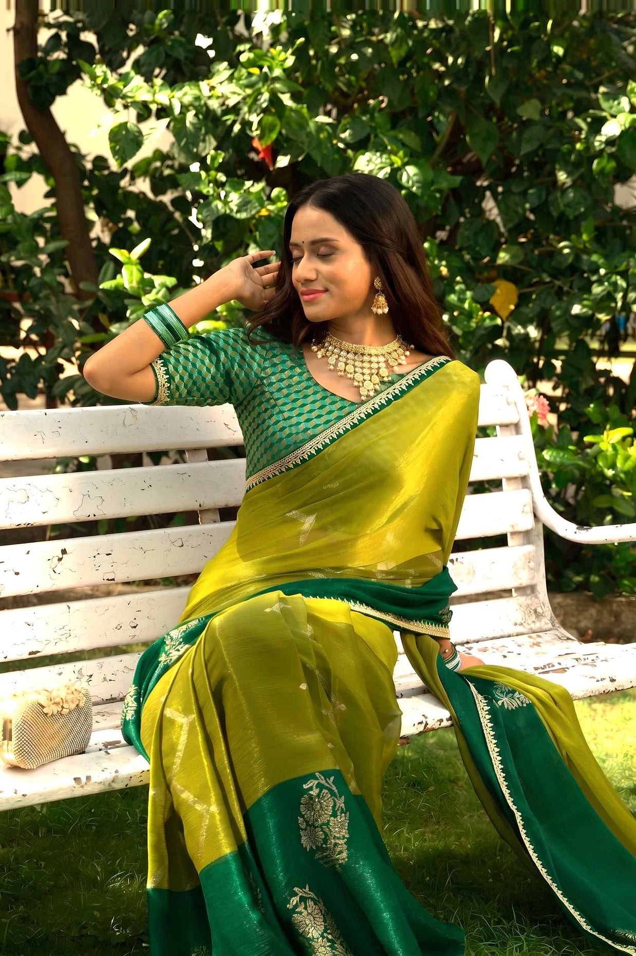 Green floral zari silk blend saree festive wear 