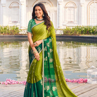 Green silk blend floral printed saree