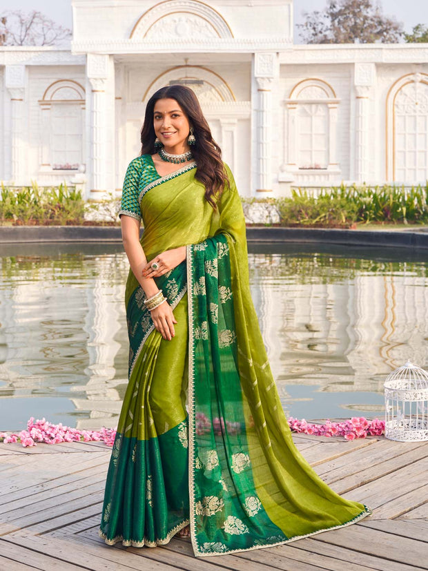 Green silk blend floral printed saree