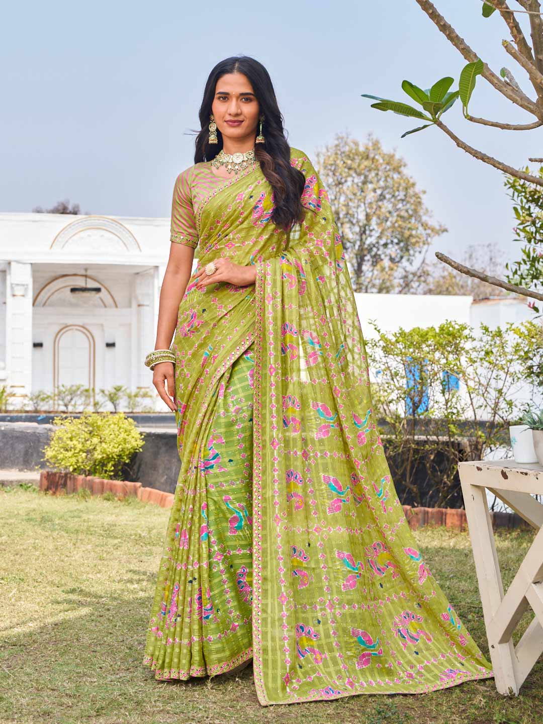 green chiffon swan motif printed saree
