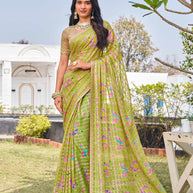 green chiffon swan motif printed saree