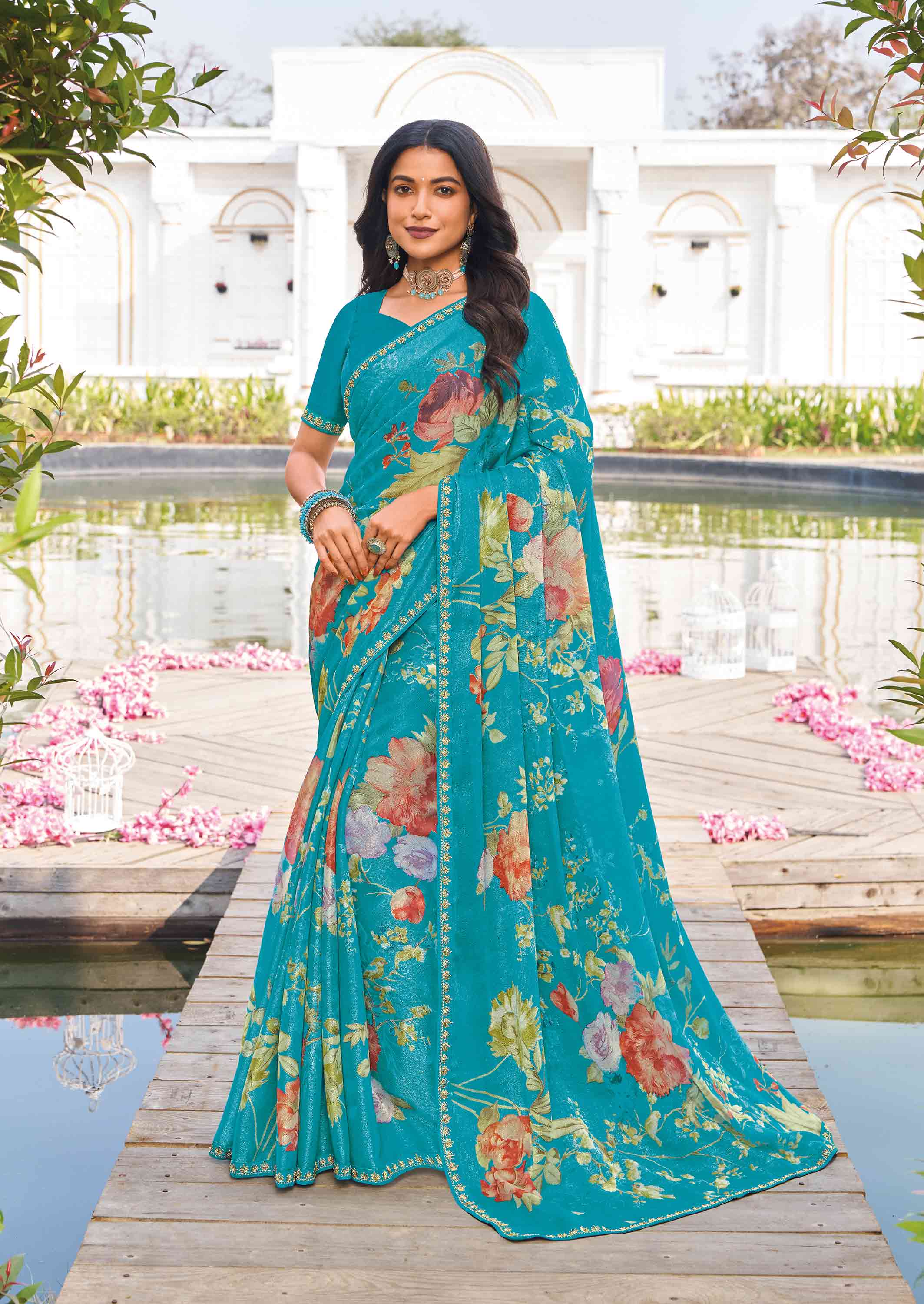 Blue chiffon floral printed saree