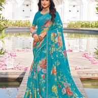 Blue chiffon floral printed saree