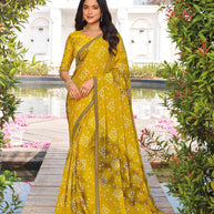 Mustard chiffon bandhani printed saree